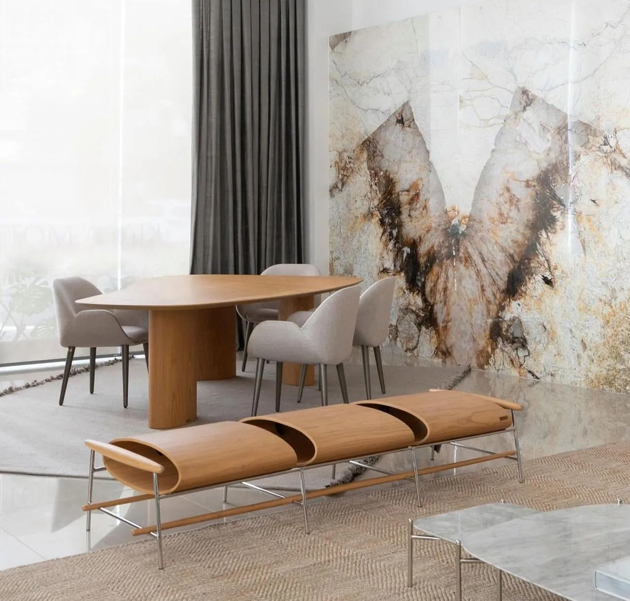 Sala de jantar com painel em Mármore Patagonia